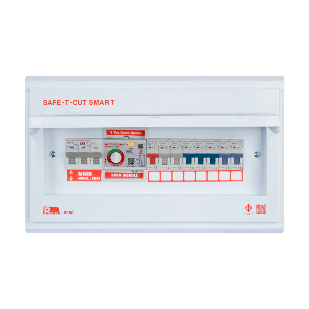 ชุดตู้คอนซูมเมอร์ 8 ช่อง เบรคเกอร์กันดูด 63 แอมป์ เซฟ-ที-คัท สมาร์ท รุ่น PREMIER RCBO